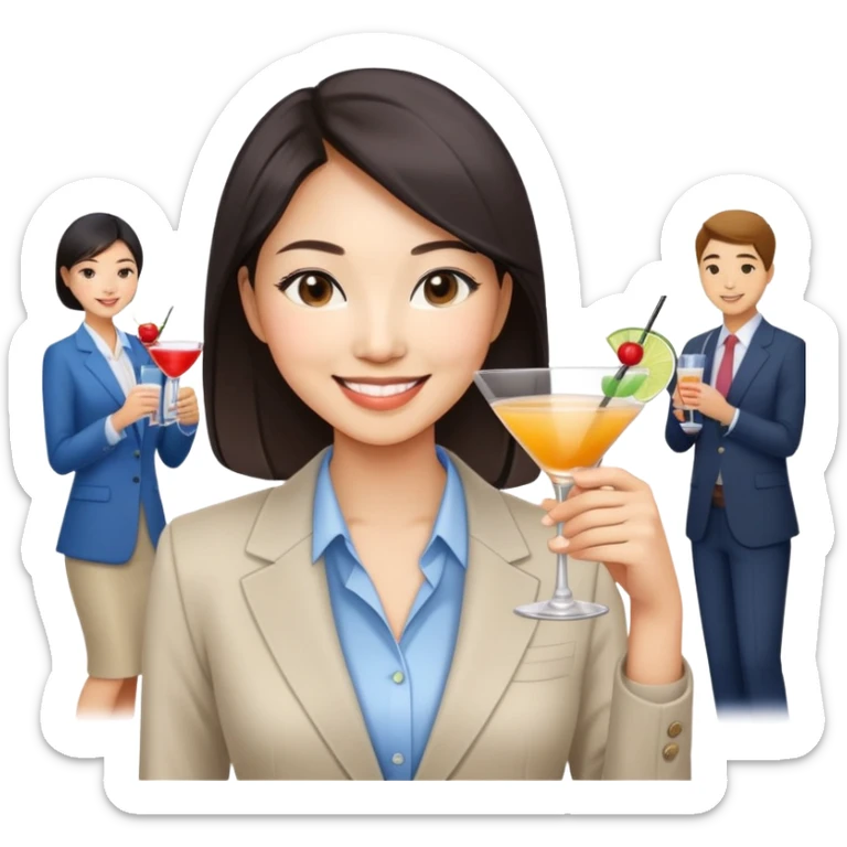 asian women business casual clothing, smiling, holding cocktail glass socializing at a work party sticker