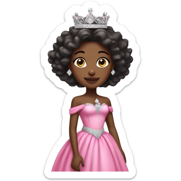 Black princess with long curly brunette hair wearing pink dress with diamond crown sticker