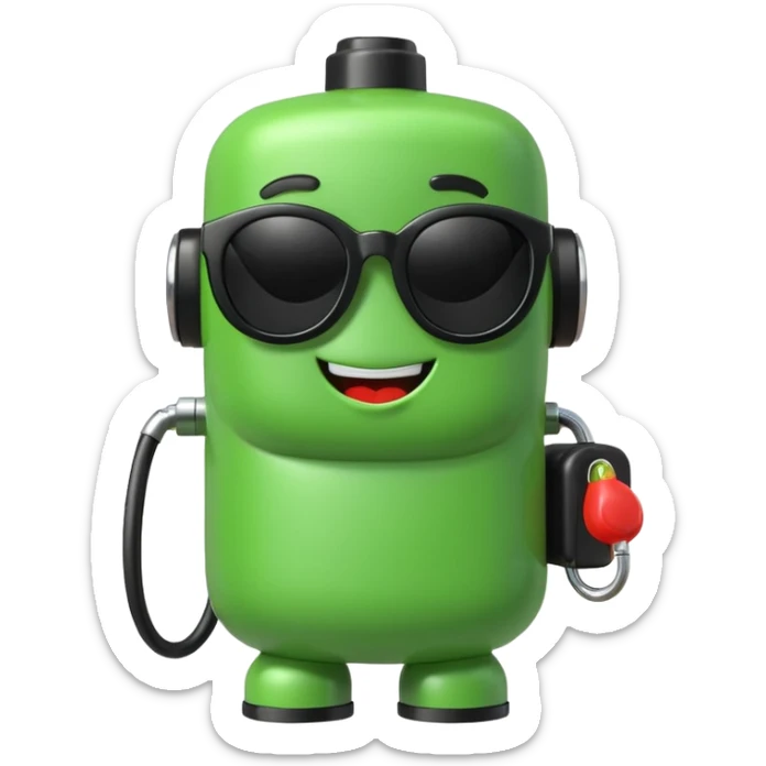 A cute 3D icon of a green gas pump character wearing oversized black sunglasses. Round and chubby proportions, glossy toy-like texture, soft pastel lighting, friendly expression, smooth edges, high-quality render, isolated on a transparent background. sticker