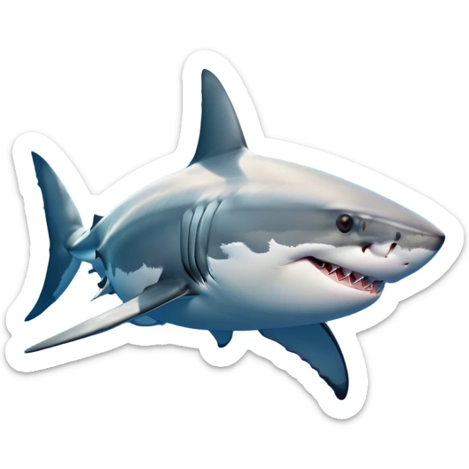 Beautiful and Majestic Great White Shark Portrait Emoji, Head and body resting peacefully with a serene, confident expression, showcasing its robust, torpedo-shaped form and a subtle, regal glint in its eyes, Simplified yet exquisitely endearing features, highly detailed, glowing with a soft, drowsy ocean light, high shine, relaxed and utterly majestic, stylized with an air of marine splendor, soft glowing outline, capturing the essence of a beautiful and majestic great white shark that feels destined to become the next viral icon of awe-inspiring ocean beauty! sticker
