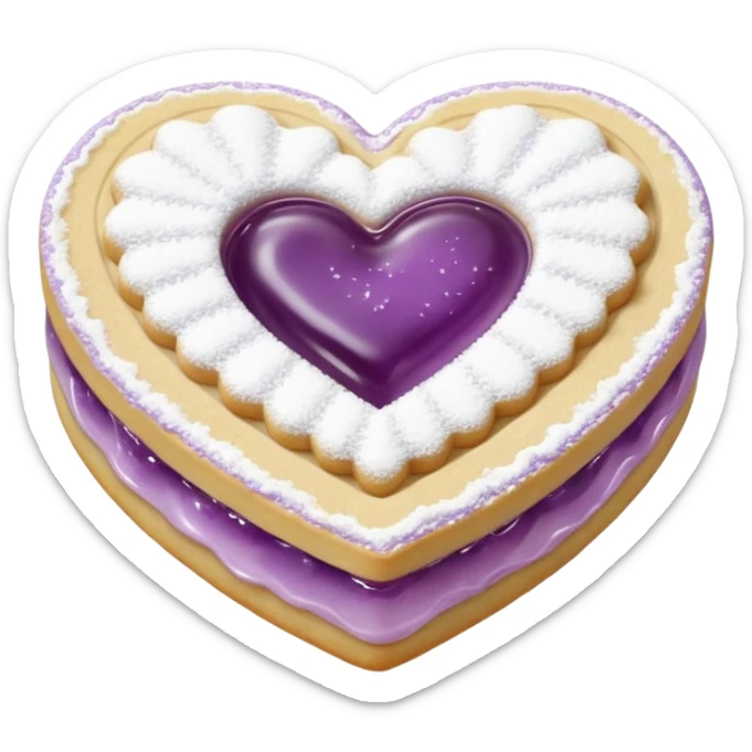 Realistic shortbread cookie in the shape of a heart with Pale Purple color jelly middle filling and sprinkled powder sugar on top. sticker