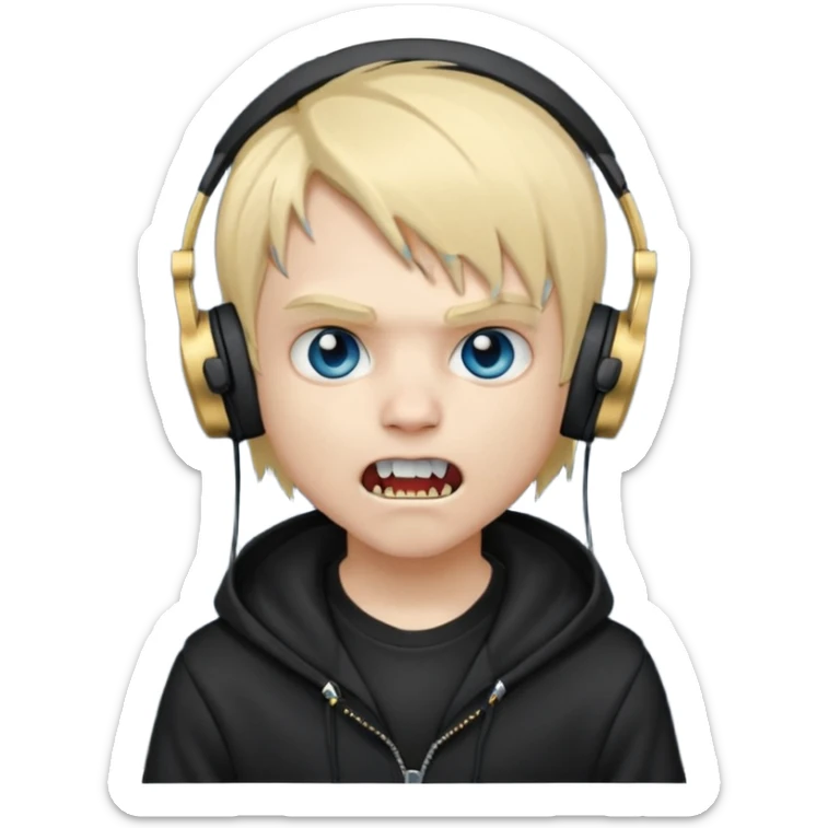 boy vampire whit blonde emo hair and eyes blue and grey skin and heandphones black AND A MICROFONE AND GOLD TEETH and agesive face and the hoodie black  sticker