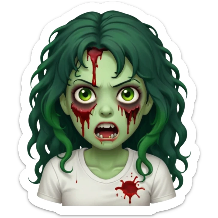 a zombie with long curly black hair volumoso, brown eyes, a white t-shirt and a splash of blood on her t-shirt, mouth open like a zombie, green skin color, not much expression, no drawing on shirt, no hands showing, less blood on her face, less blood, black hair and black eyes sticker