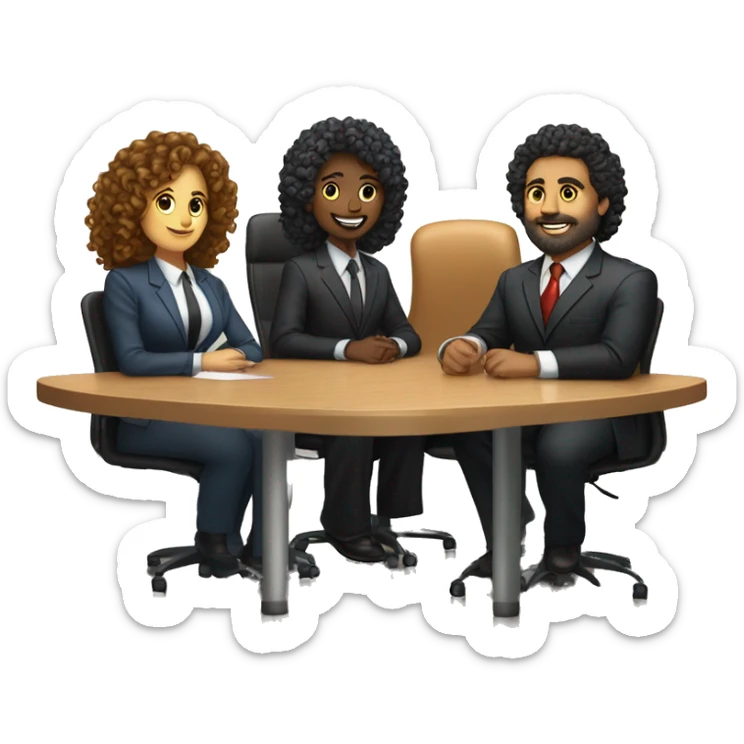 work meeting table 3 men and 4 women sitting on a table wearing suits the women have curly hair and one of the men is fat with a beard and of them is tanned with curly hair sticker
