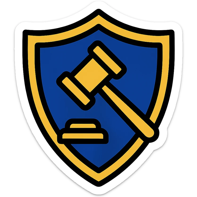 Change the symbol to a royal blue and gold color scheme, preserving a sleek legal consulting symbol with shield and gavel. sticker