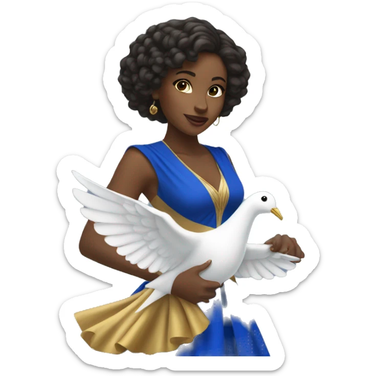 Young black woman wearing a royal blue and gold dress riding a white dove  sticker