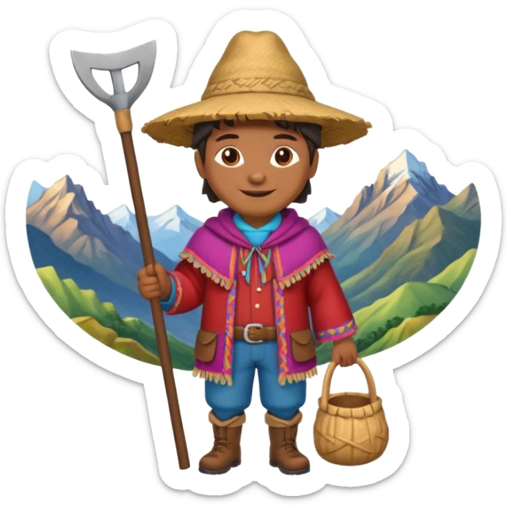 3D emoji style illustration of a Peruvian Andean farmer, wearing traditional chullo hat and poncho, holding a hoe, smiling, mountains in background, bright natural colors, bold outlines, glossy sticker style, transparent background sticker