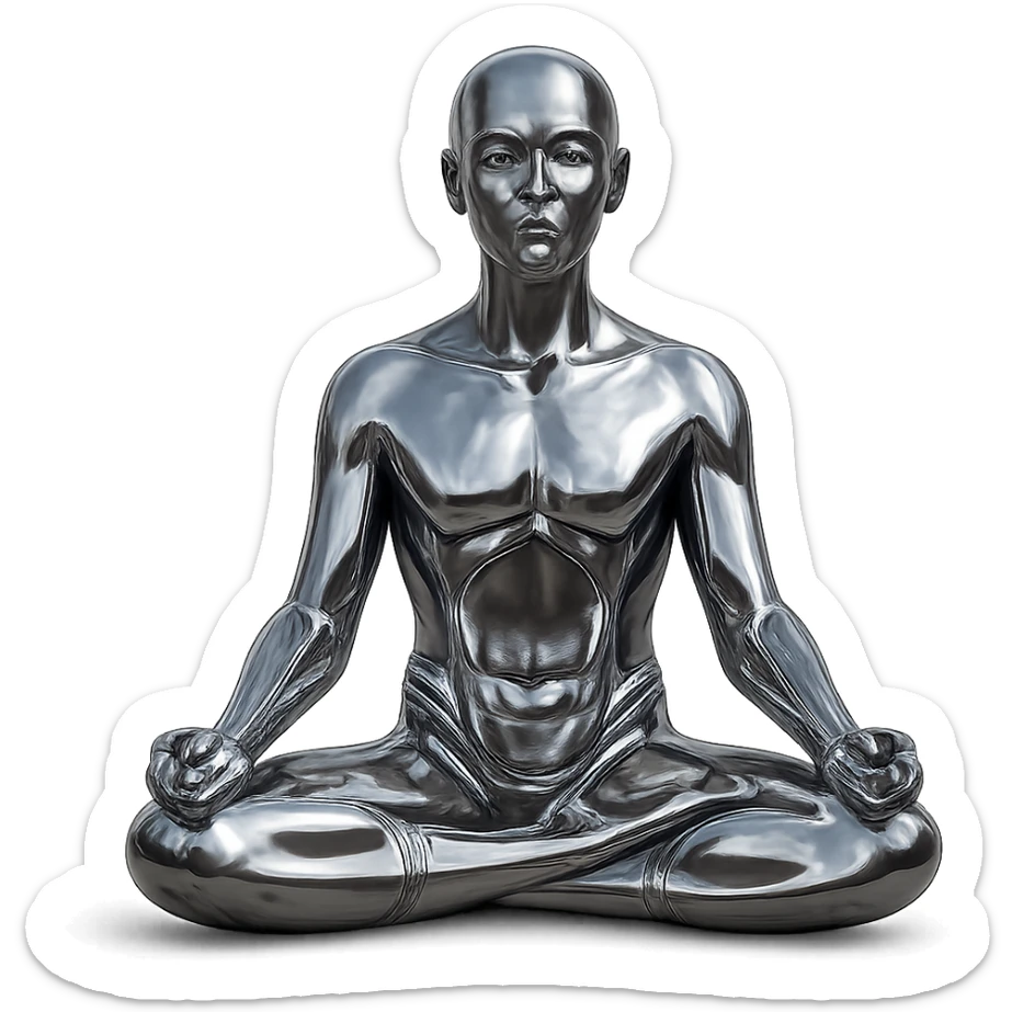 a circle of stylized chrome statues, mixed genders, meditating in the lotus position, futuristic and polished sticker