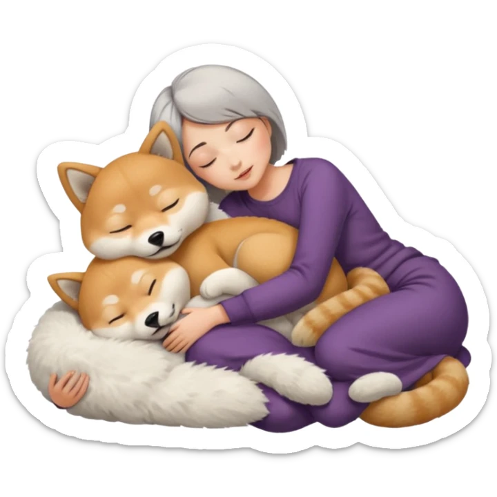 Create a short hair gray hair girl sleeping cuddling with a ton of shiba sticker