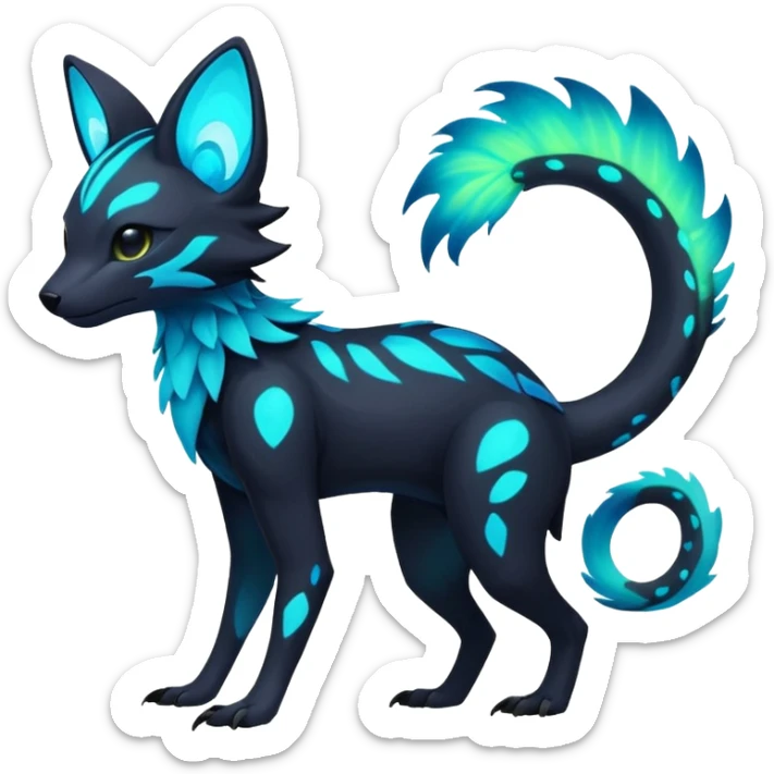 Rare realistic dark-neon glowing bioluminescent edgy badass epic pretty beautiful handsome gorgeous aesthetic colorful vibrant Vernid-Trico-species-Fakemon-creature by LiLaiRa, 4 legs, 1 tail, random markings, (full body) sticker