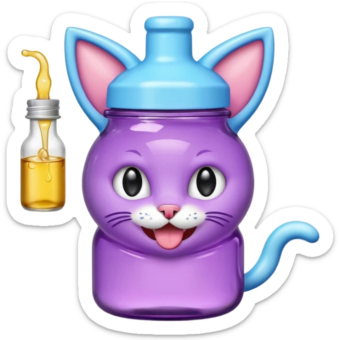 Smiling bottle of oil light purple top and light blue sticking tongue out and with cat ears sticker