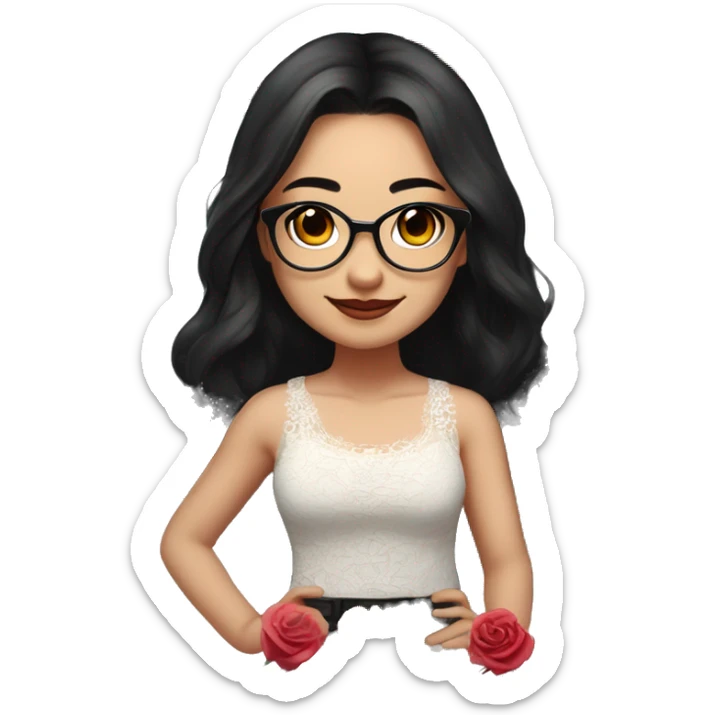 Asian girl, smiling with teeth and dimples on the cheeks, fair skin, black long hair, black eyes, black glasses with gold frames, red lipstick, wearing a white lace tank top and a black office jacket on top, with pink and red roses around her, chibi. sticker