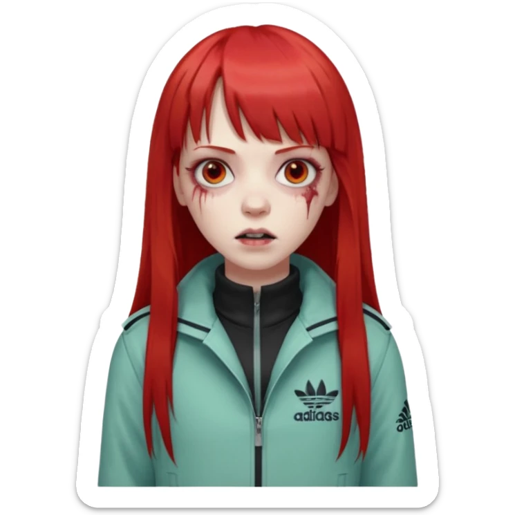 Crie um emoji de uma menina zumbi  com o cabelo vermelho longo com uma franja reta casaco de gola alta da adidas sticker