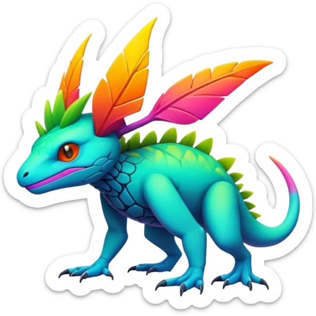 Tropical lush warm-colored modern colorful neon-colored cyber-Fakémon-Trico-creature sticker