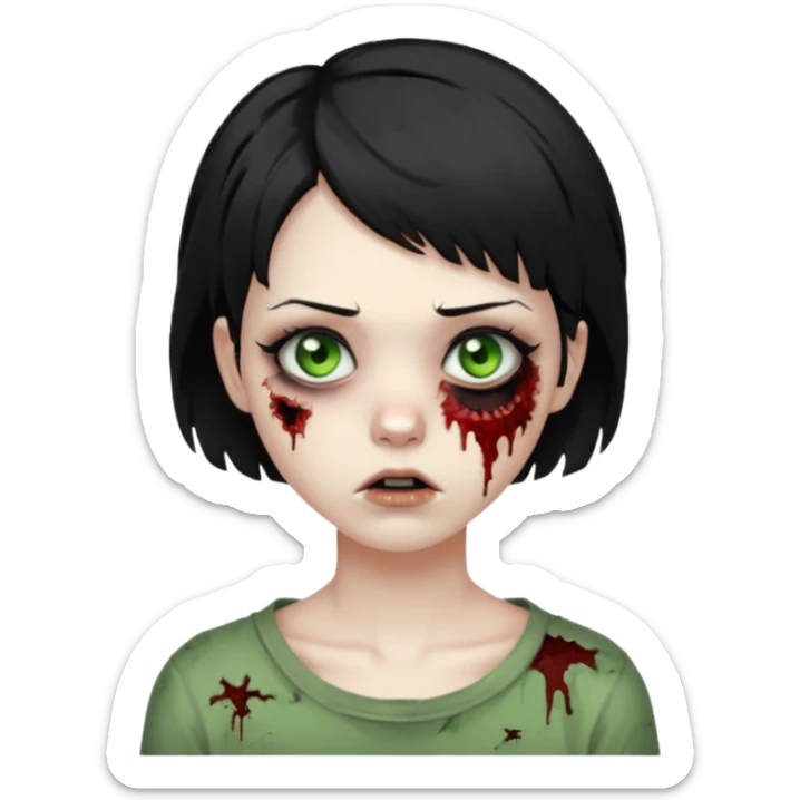 Zombie girl with messy black short hair with lashes and torn cheek and calm face sticker