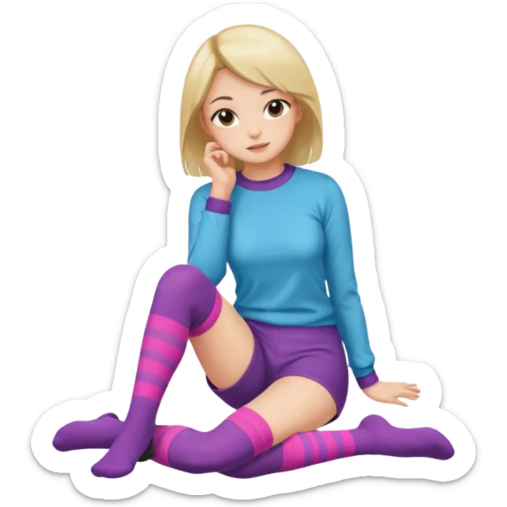 Cute girl thigh high socks sitting legs out, colorful clothes sticker