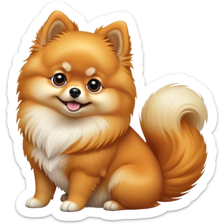 cinematic-[pomeranian]-realistic-full-body-sitting-emoji,-tail-resting-loosely-beside-its-paws,-head-tilted-dramatically, -fluffy-[orange]-fur,-simplified-yet-realistic-focused-features,-highly-detailed,-glowing-with-an-almost-sarcastic-glow sticker