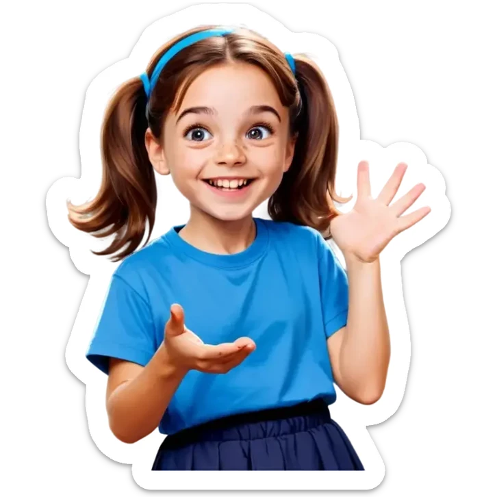 Little Girl, white skin, bronze hair, smile, tutor, bright blue t shirt, icon  sticker