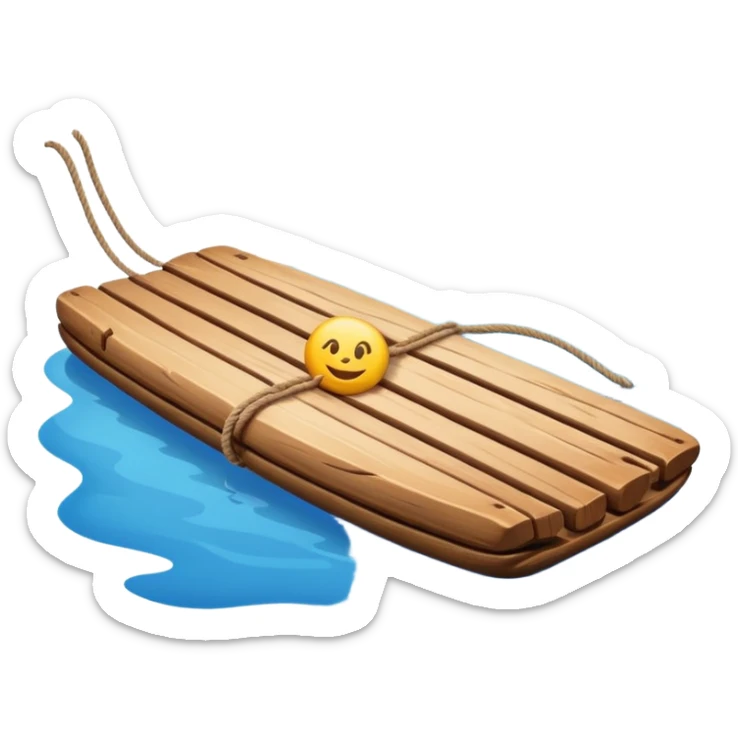 showing a simple wooden raft floating on calm blue water — made of several brown logs tied together with rope — gentle ripples around it — bright, cheerful lighting and soft shadows — minimalist, clean emoji design sticker