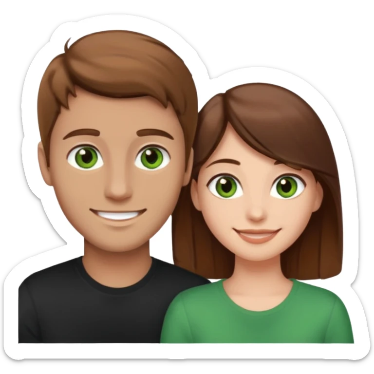 A boyfriend with light brown hair and green eyes next to his girlfriend with dark brown hair and dark brown eyes both are white sticker