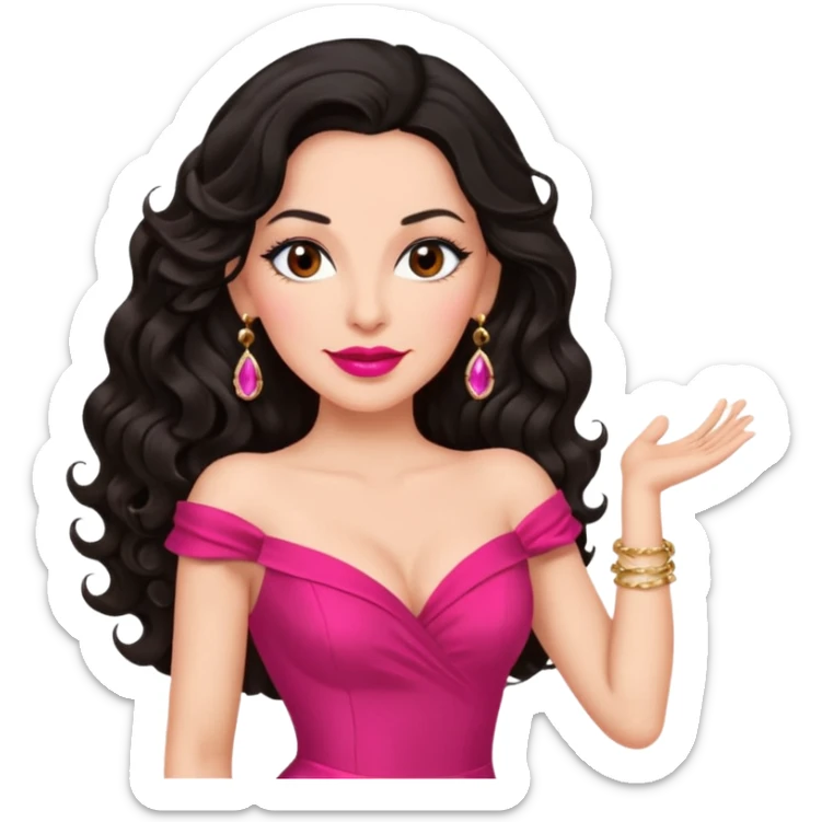 confident mature brunette woman, long black wavy hair, pink lipstick, red dance dress, big earrings sticker