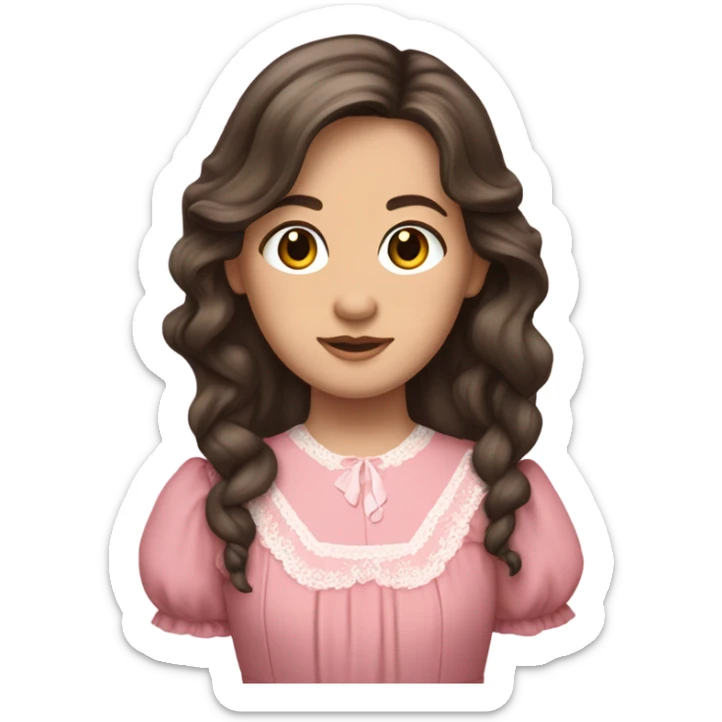 Carrie Ingalls pretty with very long dark brown wavy hair realistic and detailed wearing a pink dress sticker