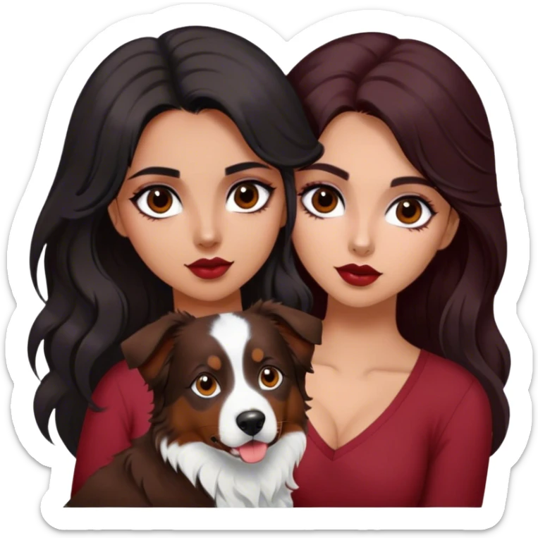 latina girl with long beautiful dark hair and dark eyes in a dark red v neck and makeup with a black brown and white tri Australian shepherd large sticker
