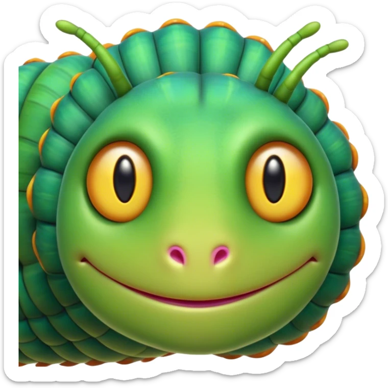 Cinematic Noble Caterpillar Portrait Emoji, Poised and vibrant, with a segmented, gently curving body adorned in bright, lively hues and delicate, inquisitive eyes, Simplified yet charmingly detailed features, highly detailed, glowing with a soft, verdant radiance, high shine, intelligent and resilient, stylized with an air of natural transformation, focused and curious, soft glowing outline, capturing the essence of a watchful caterpillar that appears ready to inch out of the screen with gentle determination! sticker