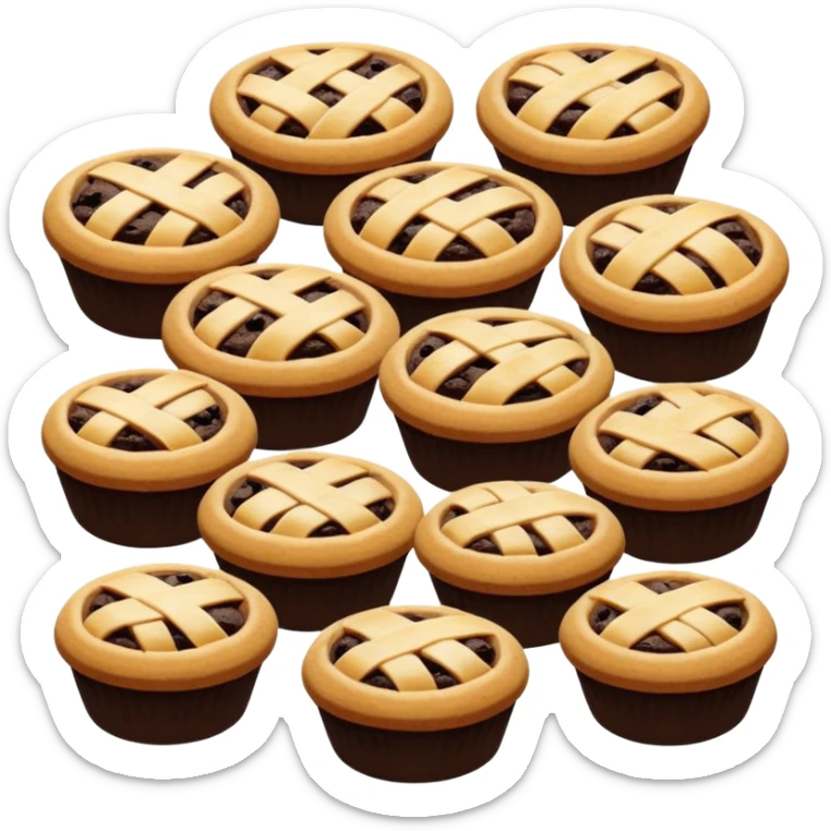 Baking community avatar in clean emoji-style illustration. Pies, cookies, and muffins grouped together, warm golden tones, simple shapes, flat design, high contrast, cozy and friendly. sticker