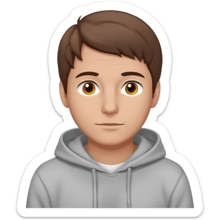 Uomo adulto barbuto capello moro occhi marroni metà busto e vestito con una felpa grigia e maglietta bianca sticker