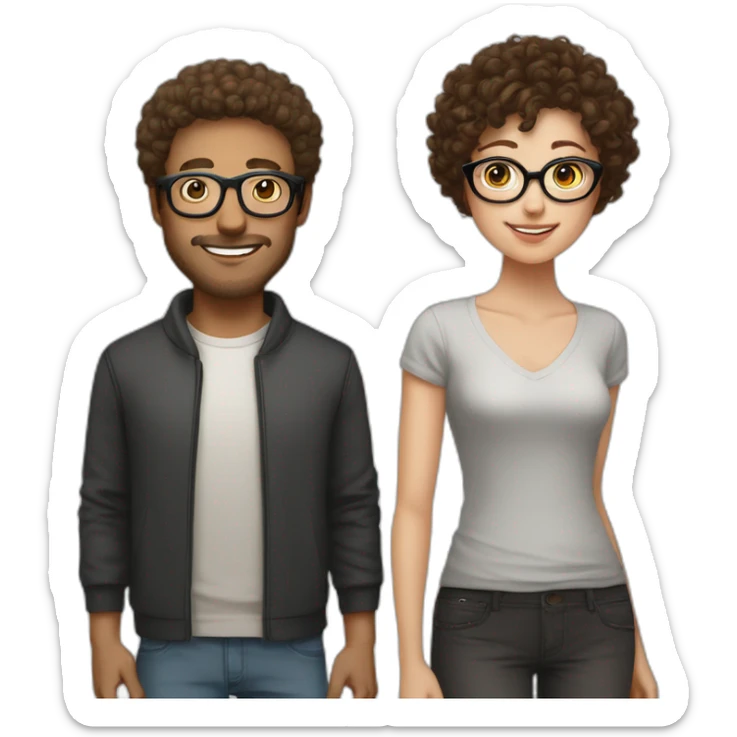 couple, white girl with round silver glasses and really short brown curly hair, tall man with brown round glasses and short curly brown hair sticker