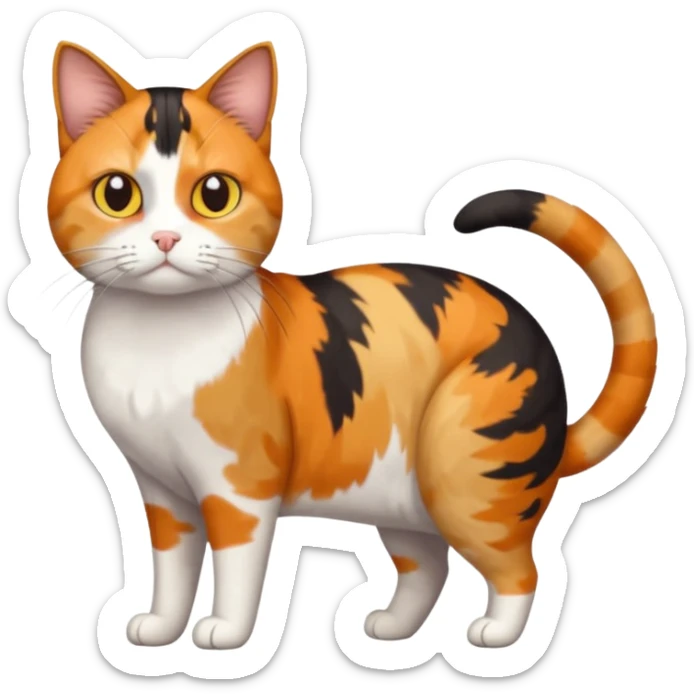 full body colourful calico tabby cat with skinny head and fat body with an anxious face sticker
