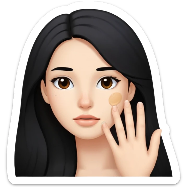 young woman with a pimple on her cheek, long black hair and natural makeup sticker