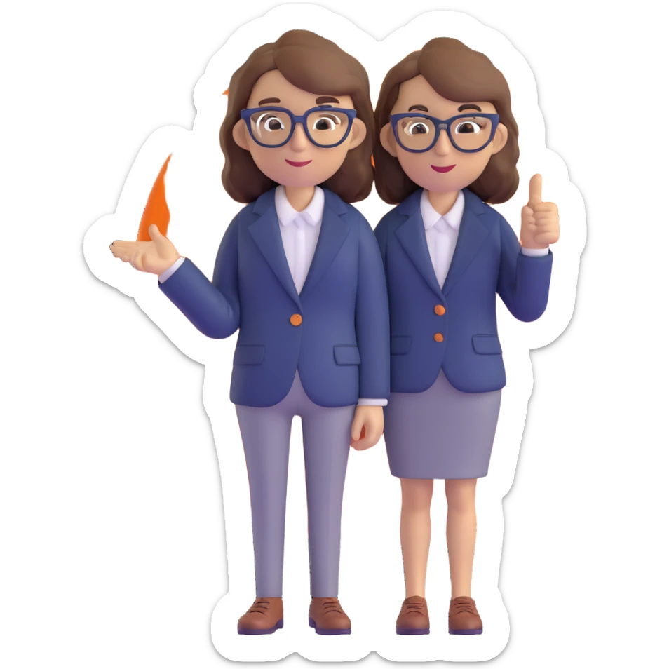 Economics professional mascot character with shoulder-length wavy brown hair, stylish glasses, navy blazer, pointing at economic symbols, full body view sticker