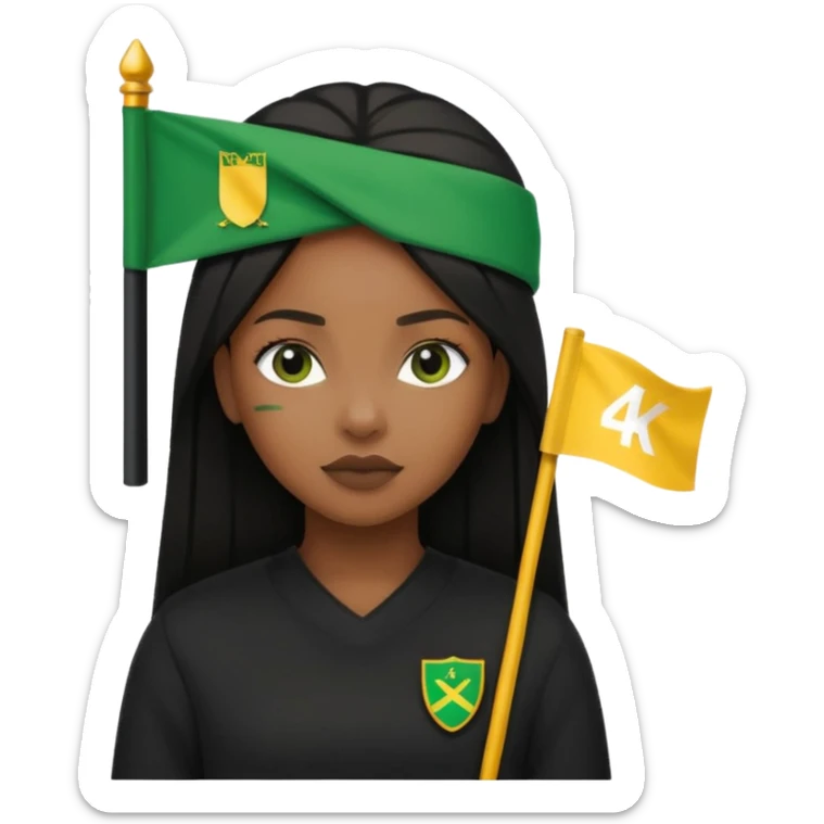 Black girl with straight hair with a green flag on her head that says 4kt on top of it with all black clothes on  sticker