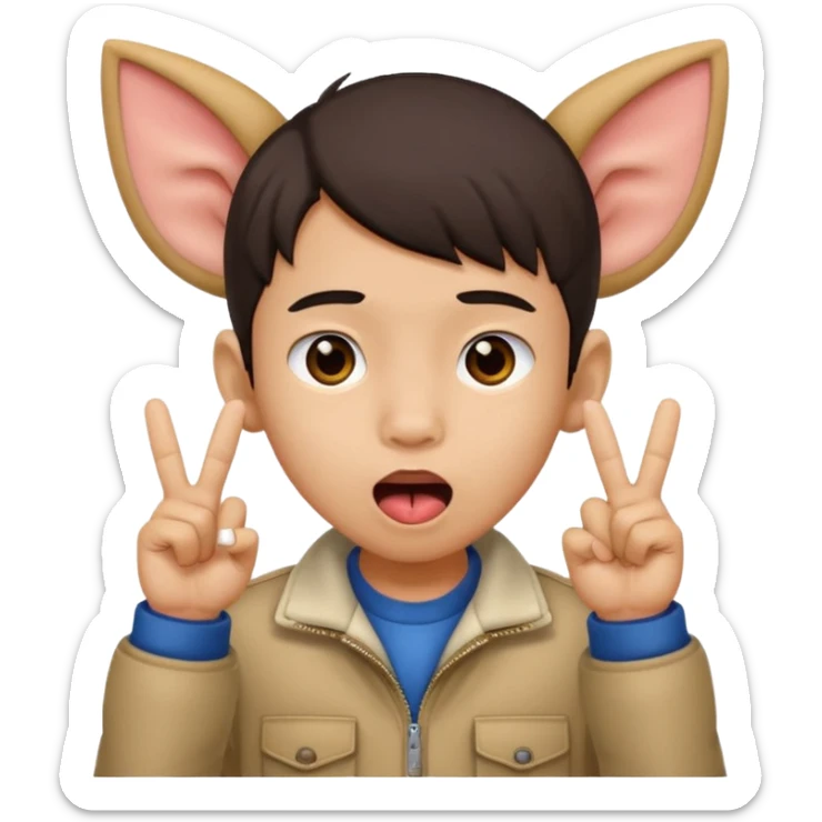 a boy with asian eyes holding his ears with 2 fingers and with his tongue out sticker