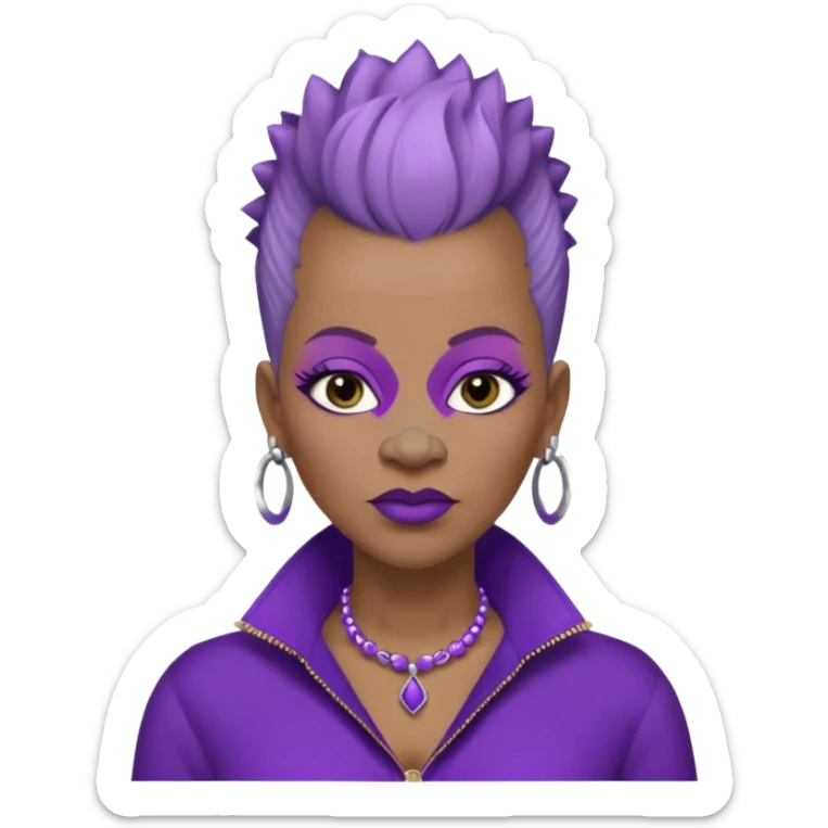 57yr old Qeen black woman with a natural hair mohawk style haircut adorning purple royalty clothing and purle lipstick and lightly colored eyeshadow, with a nose studs on each nostril  sticker
