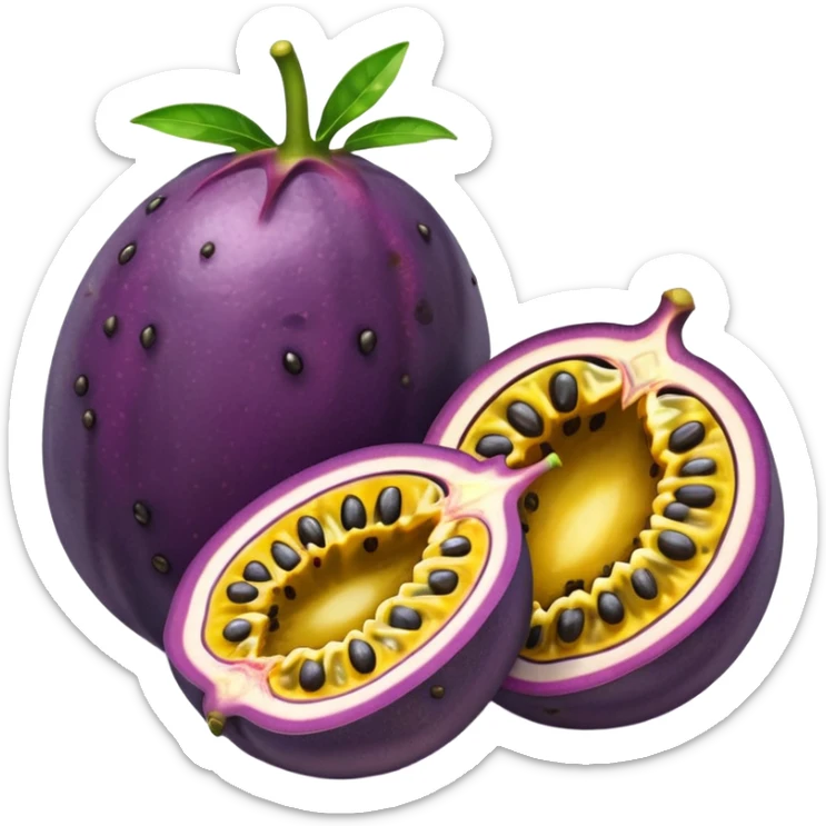 whole round purple passion fruit with slightly wrinkled matte skin next to halved piece showing vibrant yellow pulp with glossy black seeds juicy jelly-like texture bold contrast between rind and interior no leaf spoon or extras soft lighting subtle shadows emoji scale sticker