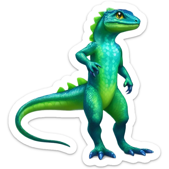 A Cyan Shiny Glossy Iridescent Anthro-Scalie-Lizard-Reptile-Salamandrian-Fakémon with dark-blue patterns and light-green belly Full Body sticker
