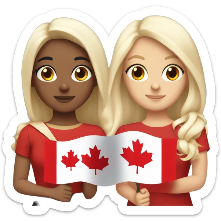 4 girls holding canada flag one brunette, one black hair and two with blonde hair  sticker