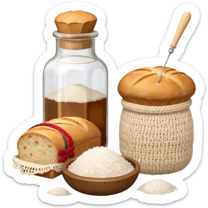 a one victorian bottle of salt and a loaf of bread - a bread bag, crochet needles and a ball of wool sticker