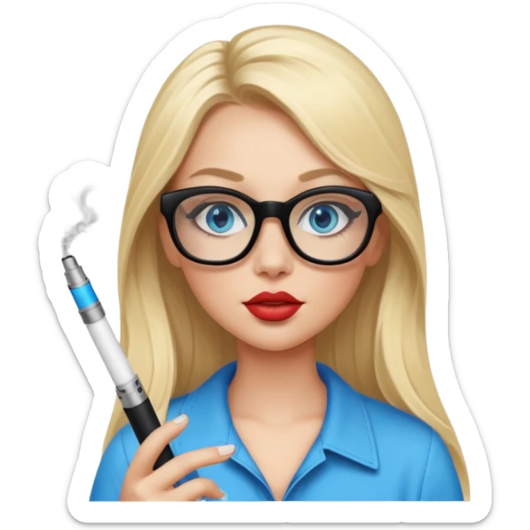 girl with blue eyes, blonde ling hair, black squared glasses, big lips, long eyelashes, and an electronic cigarette in her right hand sticker