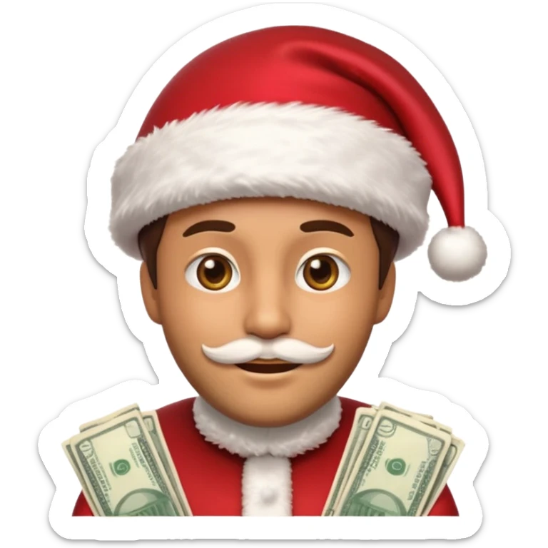 A confident rich emoji face wearing a Santa hat, money stacks, casino vibe, New Year theme, premium 3D emoji style, sharp details, no text, isolated on transparent background sticker