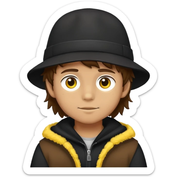 boy with fluffy brown hair wearing a black hat with yellow accents sticker
