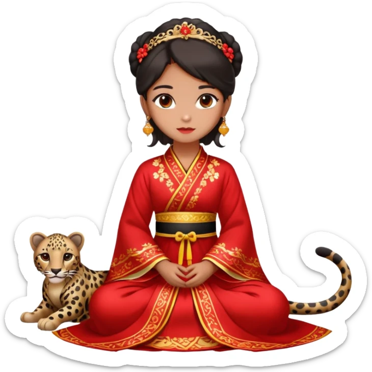 A beautiful girl in red Hanfu wedding dress sits on the ground holding a black leopard sticker