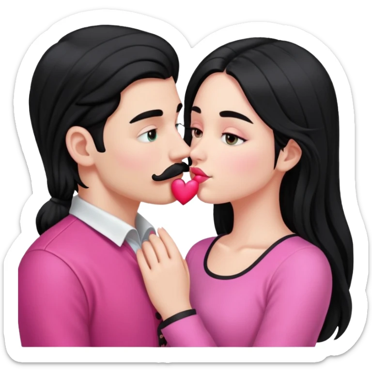White boy with black mustache kissing white girl with long black hair in pink clothes sticker