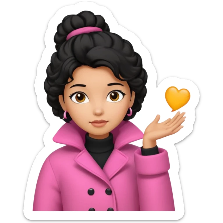 A caramel skinned girl that’s has puffy black hair with her hair up skinny and wears a pink coat  sticker