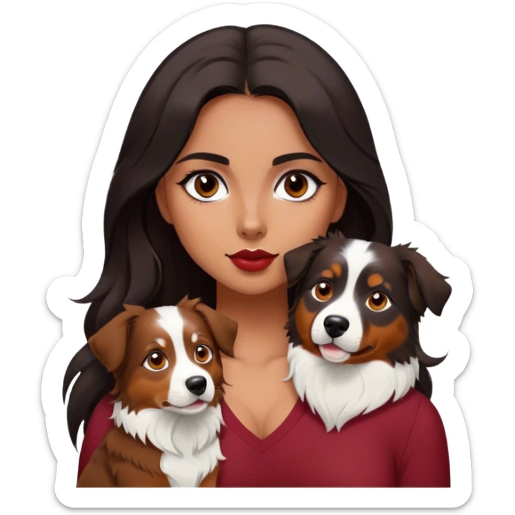 One latina girl with long beautiful dark hair and dark eyes in a dark red v neck and makeup with a black little brown and white tri Australian shepherd large sticker
