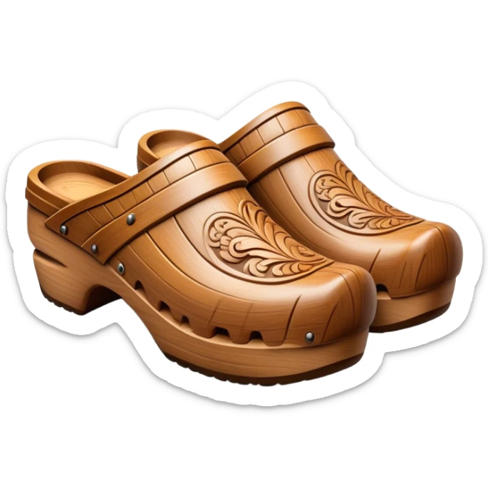 Cinematic Realistic Wooden Clogs Emoji, depicted as a pair of traditionally carved wooden clogs with intricate details and rustic charm. sticker