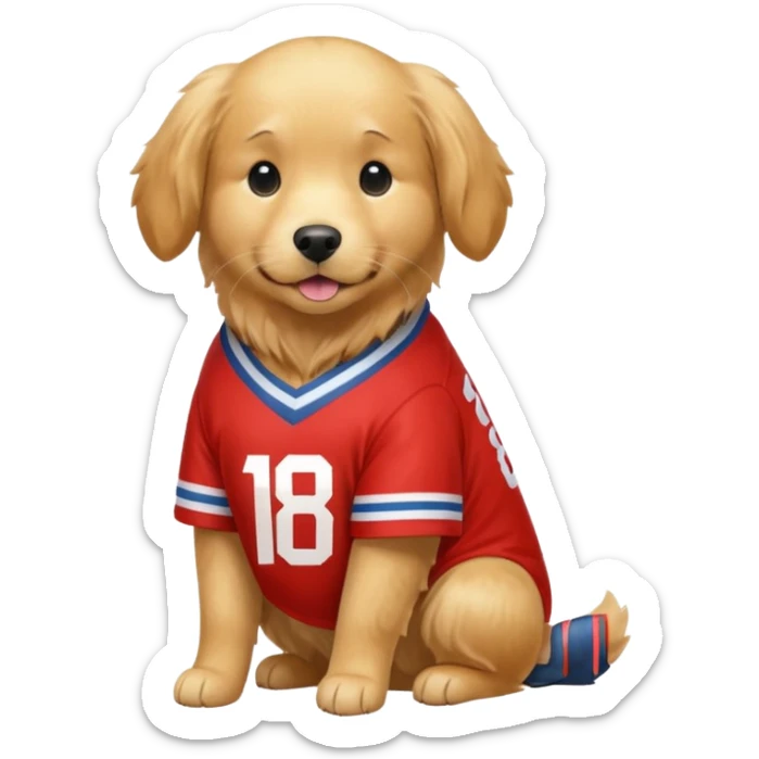 a golden retriever with a red and white jersey that has the number 18 on it sticker